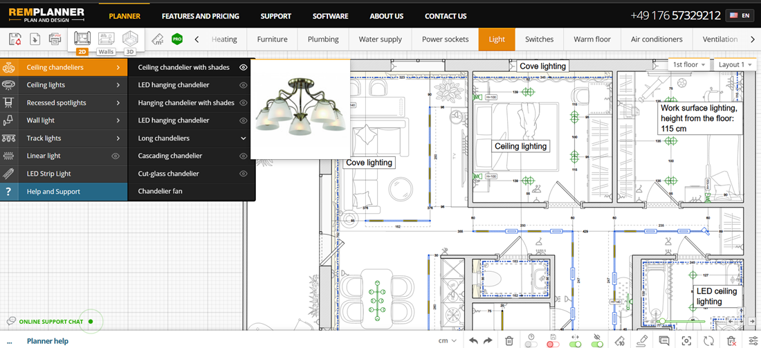 Plenty of lighting options available in the apartment planning software catalog, choose what matches your taste and needs