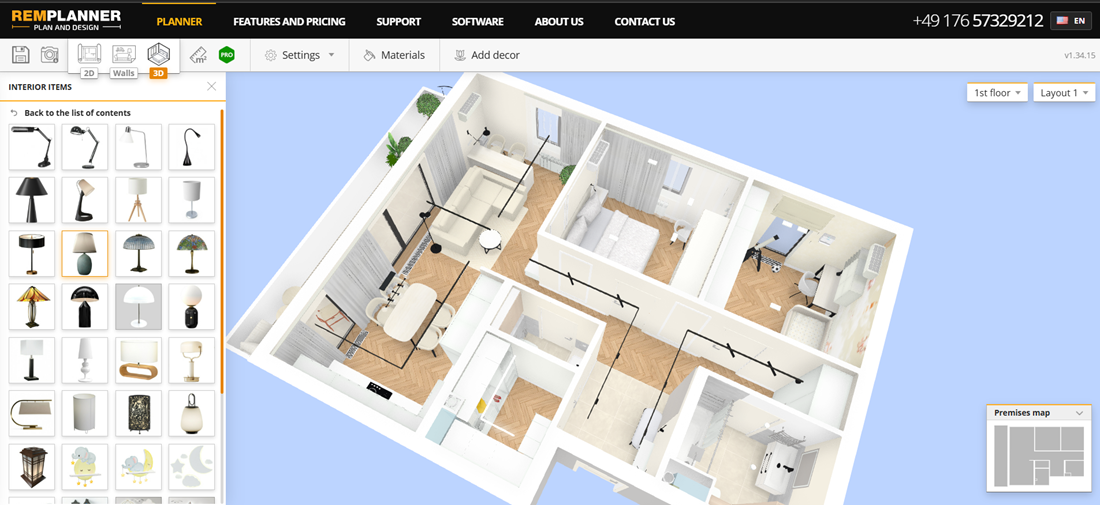 Remplanner software screenshot. Wide range of lighting options for creative interior design solutions.