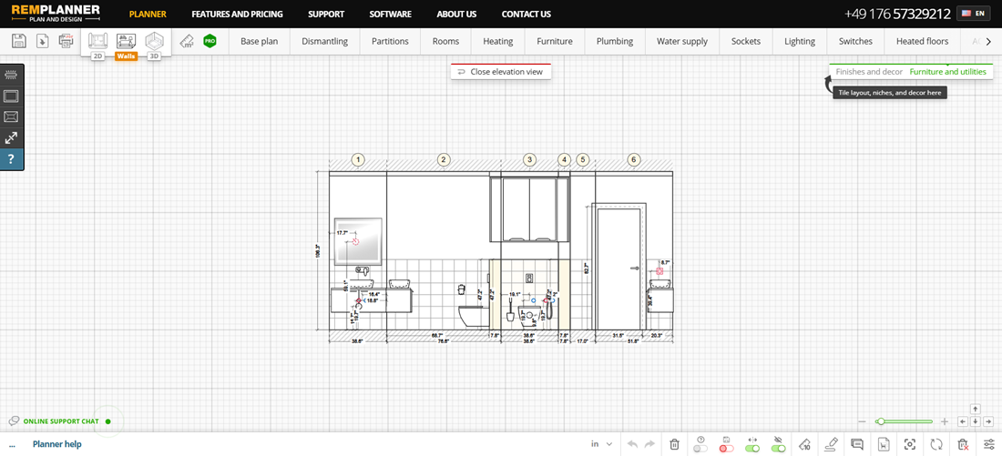Remplanner drawing: bathroom wall elevation